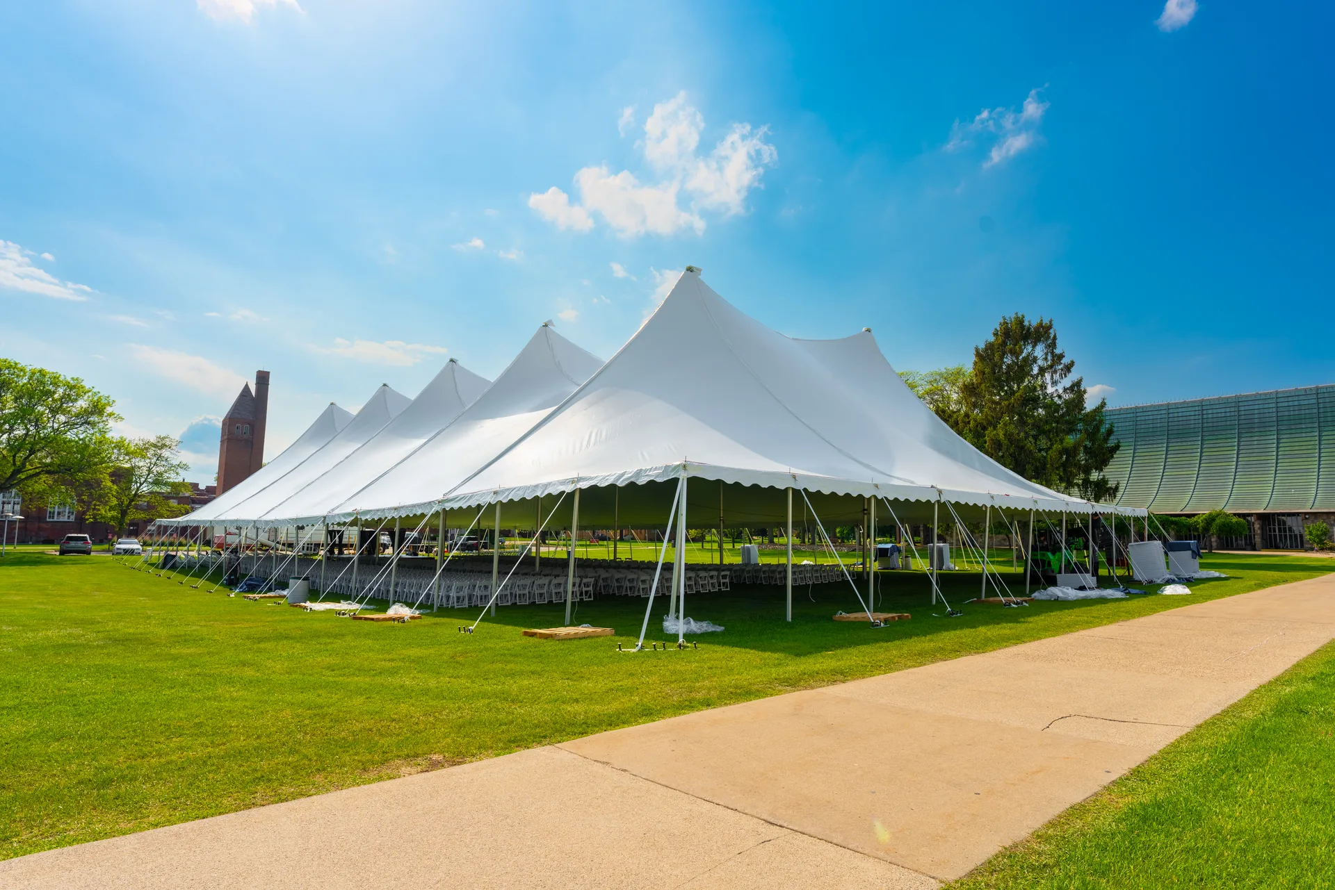 High tension fabric tent rental with multi-peak tensioned roof in Michigan